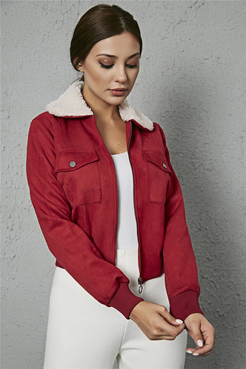 Collared Plush Faux Suede Jacket - MAROON #269598