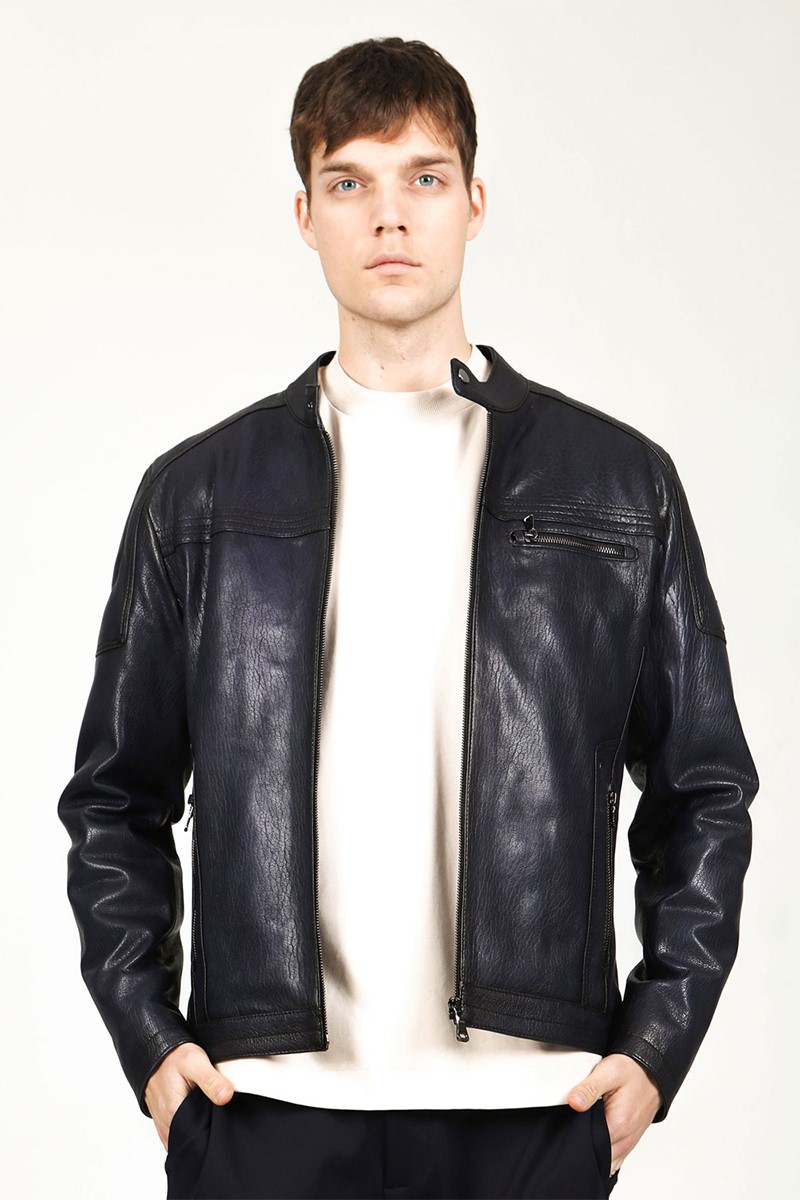 Men's Real Leather Jacket - Navy Blue #319143