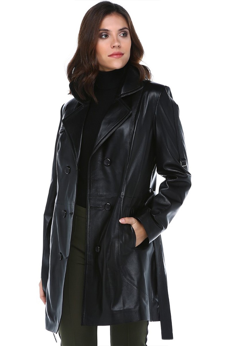 Damen Trenchcoat aus echtem Leder YB-060 - schwarz  #319280