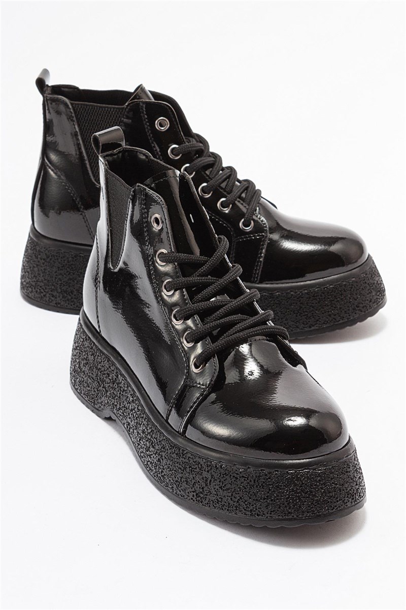 Women's Lace Up Patent Leather Boots - Black #403706