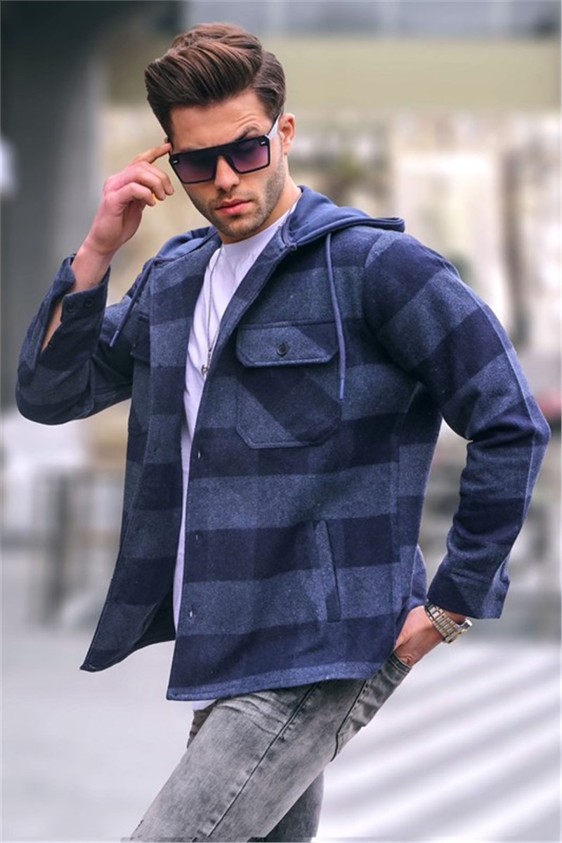 Men's Plaid Hooded Shirt 5584 - Indigo #369458