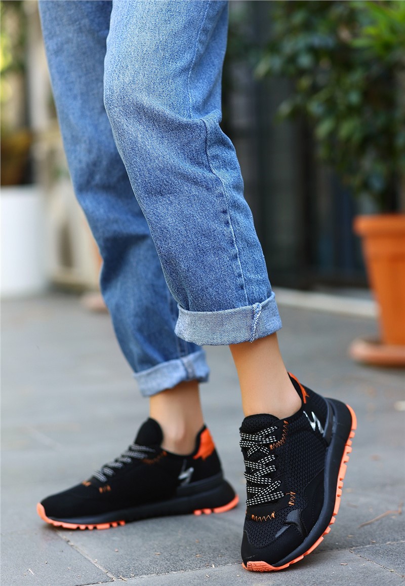 Women's Lace Up Sports Shoes - Black with Orange #383588